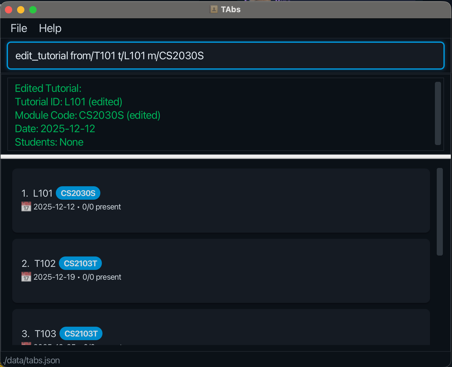 result for 'edit_tutorial from/T101 t/L101 m/CS2030S'